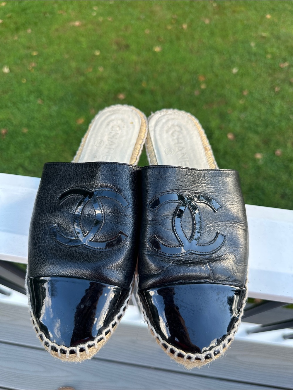 CHANEL Black Leather & Patent Toe Slide Espadrilles